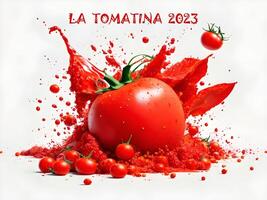 Ai generated Card design, background for La Tomatina festival in Spain, Bunol photo