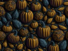 Ai generative autumn background design with pumpkins and fall leaves, banner photo