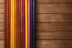 Ai generative wooden colorful crayons background design, banner with copy space text photo