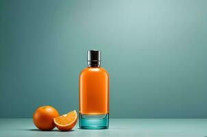 Ai generative aesthetic parfume bottle background, teal and orange banner with copy space text photo