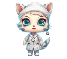 desenho animado gato médico com azul olhos e uma branco casaco . ai gerado png