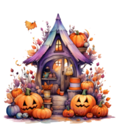 Halloween house with small moon and flying witch shade, trees, smiling pumpkins, graveyard and batsled . AI Generated png