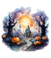 Halloween Haus mit klein Mond und fliegend Hexe Schatten, Bäume, lächelnd Kürbisse, Friedhof und Fledermausschlitten . ai generiert png