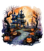 Halloween house with small moon and flying witch shade, trees, smiling pumpkins, graveyard and batsled . AI Generated png