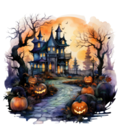 halloween huis met klein maan en vliegend heks schaduw, bomen, glimlachen pompoenen, begraafplaats en gestreden . ai gegenereerd png