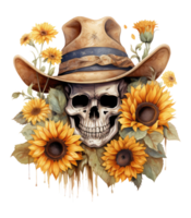 Cute skull in sunflower cowboy hat . AI Generated png