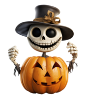 grappig skelet voor halloween, grappig tekenfilm skelet met pompoen . ai gegenereerd png