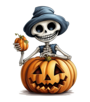 marrant squelette pour Halloween, marrant dessin animé squelette avec citrouille . ai généré png