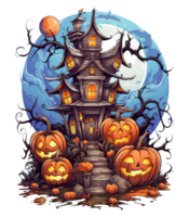 Halloween house with small moon and flying witch shade, trees, smiling pumpkins, graveyard and batsled . AI Generated png