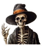 simple, vintage halloween skeleton, with a witch hat . AI Generated png