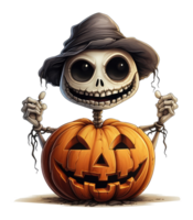 divertente scheletro per Halloween, divertente cartone animato scheletro con zucca . ai generato png