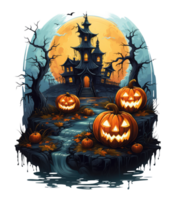Halloween house with small moon and flying witch shade, trees, smiling pumpkins, graveyard and batsled . AI Generated png