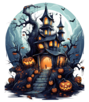 Halloween house with small moon and flying witch shade, trees, smiling pumpkins, graveyard and batsled . AI Generated png