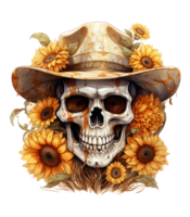 Cute skull in sunflower cowboy hat . AI Generated png