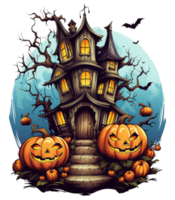 Halloween house with small moon and flying witch shade, trees, smiling pumpkins, graveyard and batsled . AI Generated png