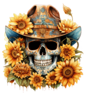 Cute skull in sunflower cowboy hat . AI Generated png