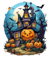 Halloween house with small moon and flying witch shade, trees, smiling pumpkins, graveyard and batsled . AI Generated png