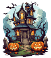 Halloween house with small moon and flying witch shade, trees, smiling pumpkins, graveyard and batsled . AI Generated png