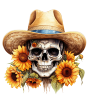 Cute skull in sunflower cowboy hat . AI Generated png