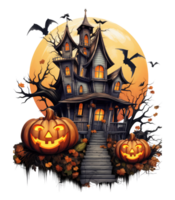 Halloween house with small moon and flying witch shade, trees, smiling pumpkins, graveyard and batsled . AI Generated png