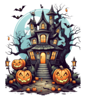 Halloween house with small moon and flying witch shade, trees, smiling pumpkins, graveyard and batsled . AI Generated png