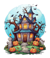 Halloween house with small moon and flying witch shade, trees, smiling pumpkins, graveyard and batsled . AI Generated png