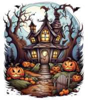 halloween huis met klein maan en vliegend heks schaduw, bomen, glimlachen pompoenen, begraafplaats en gestreden . ai gegenereerd png