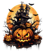 Halloween Haus mit klein Mond und fliegend Hexe Schatten, Bäume, lächelnd Kürbisse, Friedhof und Fledermausschlitten . ai generiert png