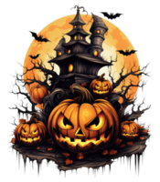 Halloween house with small moon and flying witch shade, trees, smiling pumpkins, graveyard and batsled . AI Generated png