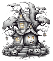 Halloween house with small moon and flying witch shade, trees, smiling pumpkins, graveyard and batsled . AI Generated png