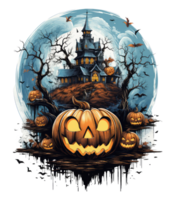 Halloween house with small moon and flying witch shade, trees, smiling pumpkins, graveyard and batsled . AI Generated png