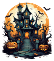 Halloween house with small moon and flying witch shade, trees, smiling pumpkins, graveyard and batsled . AI Generated png