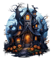 Halloween house with small moon and flying witch shade, trees, smiling pumpkins, graveyard and batsled . AI Generated png