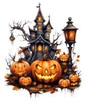 Halloween house with small moon and flying witch shade, trees, smiling pumpkins, graveyard and batsled . AI Generated png