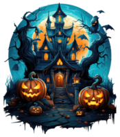 halloween huis met klein maan en vliegend heks schaduw, bomen, glimlachen pompoenen, begraafplaats en gestreden . ai gegenereerd png
