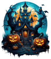 Halloween house with small moon and flying witch shade, trees, smiling pumpkins, graveyard and batsled . AI Generated png