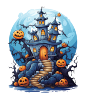 Halloween house with small moon and flying witch shade, trees, smiling pumpkins, graveyard and batsled . AI Generated png