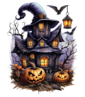 Halloween house with small moon and flying witch shade, trees, smiling pumpkins, graveyard and batsled . AI Generated png