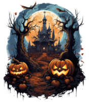 Halloween house with small moon and flying witch shade, trees, smiling pumpkins, graveyard and batsled . AI Generated png