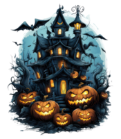 Halloween house with small moon and flying witch shade, trees, smiling pumpkins, graveyard and batsled . AI Generated png