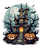 Halloween house with small moon and flying witch shade, trees, smiling pumpkins, graveyard and batsled . AI Generated png