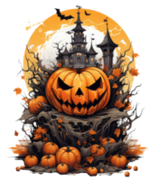 Halloween house with small moon and flying witch shade, trees, smiling pumpkins, graveyard and batsled . AI Generated png