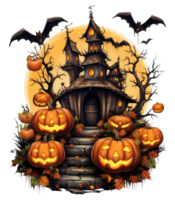 Halloween house with small moon and flying witch shade, trees, smiling pumpkins, graveyard and batsled . AI Generated png