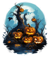 Halloween house with small moon and flying witch shade, trees, smiling pumpkins, graveyard and batsled . AI Generated png