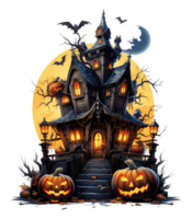 Halloween house with small moon and flying witch shade, trees, smiling pumpkins, graveyard and batsled . AI Generated png