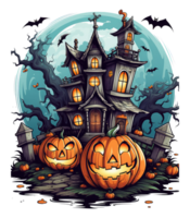 Halloween house with small moon and flying witch shade, trees, smiling pumpkins, graveyard and batsled . AI Generated png