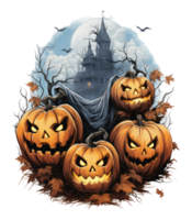 Halloween house with small moon and flying witch shade, trees, smiling pumpkins, graveyard and batsled . AI Generated png
