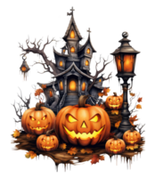 Halloween house with small moon and flying witch shade, trees, smiling pumpkins, graveyard and batsled . AI Generated png