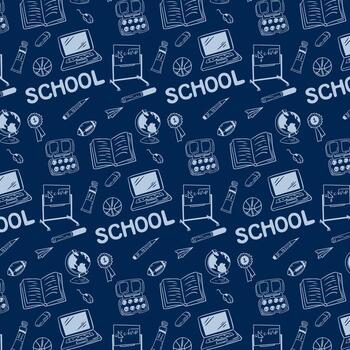 Back to school elements pattern on blue background. Minimalistic doodle seamless pattern. White isolated sketches. Perfect for decoration, textile, wrapping paper, background, greetings vector