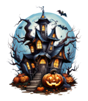 Halloween house with small moon and flying witch shade, trees, smiling pumpkins, graveyard and batsled . AI Generated png